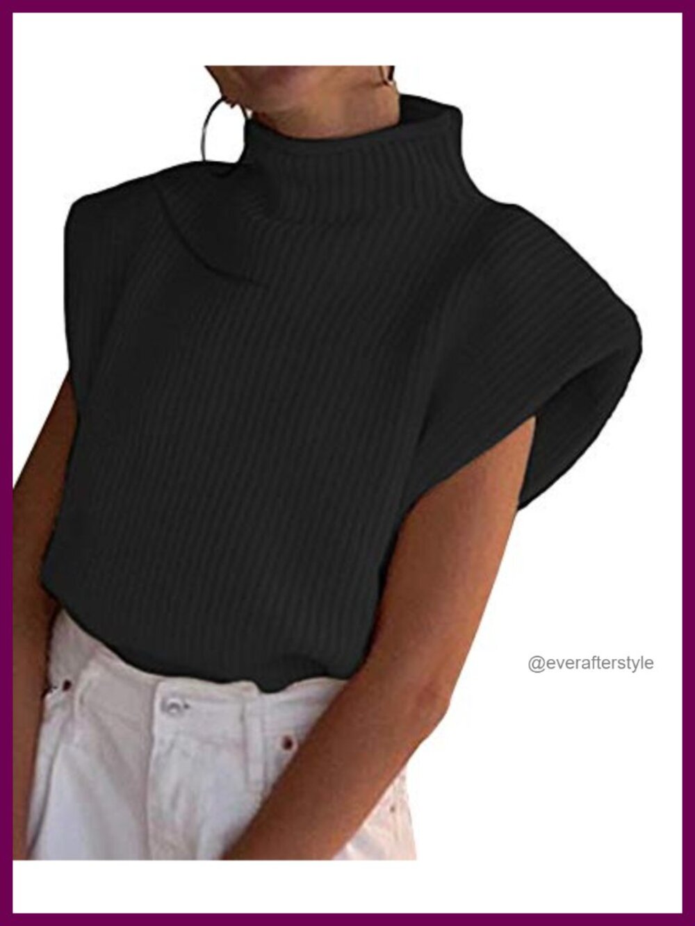 Womens Ribbed Knit Sweater Vest Mock Turtleneck Sleeveless Cap Sleeve